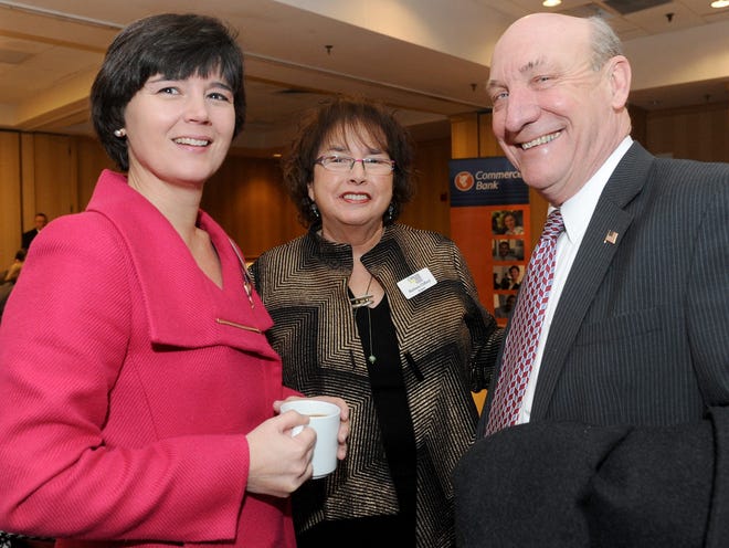 Corridor Nine Chamber of Commerce President Barbara Clifford, center, with state Rep. Carolyn Dykema and Rep. George Peterson at the annual legislative breakfast at the Double Tree by Hilton Tuesday morning.

Daily News Staff Photo/Art Illman