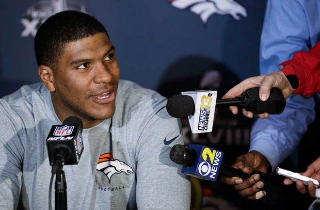Denver Broncos tight end Julius Thomas talks with reporters during a news conference Monday, Jan. 27, 2014, in Jersey City, N.J. The Broncos are scheduled to play the Seattle Seahawks in the NFL Super Bowl XLVIII football game Sunday, Feb. 2, in East Rutherford, N.J. (AP Photo/Mark Humphrey)