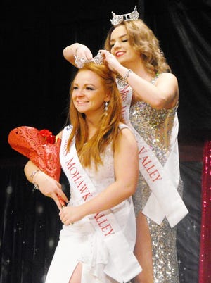 Miss Mohawk Valley 2013 Amanda Abdagic crowns Lauren Crandall as Miss Mohawk Valley 2014 on Jan. 25 at Vernon-Verona-Sherrill Central School. SUBMITTED PHOTO