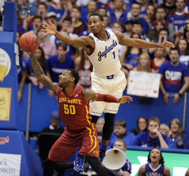 Kansas' Wayne Selden Jr. knocks the ball away from DeAndre Kane of Iowa State on Wednesday at Allen Fieldhouse. KU's defense wasn't always so effective, however, during the course of Wednesday's 92-81 victory in Lawrence.
