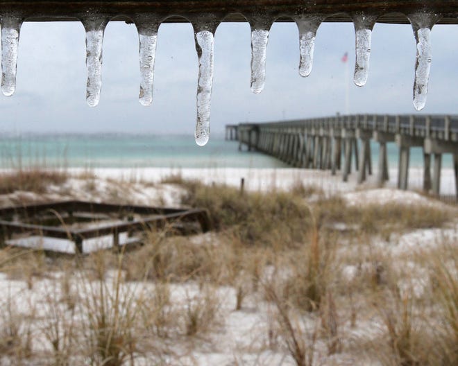 Icicles hang near the M.B. Miller County Pier in Panama City Beach on Wednesday.