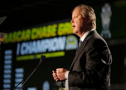 NASCAR CEO Brian France talks to the media about the new points system during a news conference at the NASCAR Sprint Cup auto racing Media Tour in Charlotte, N.C., Thursday, Jan. 30, 2014.