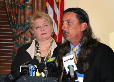 Mark Lunsford, whose daughter Jessica, was raped and murdered in Florida in 2005 by a man previously convicted of sex assault, speaks at a 2011 statehouse press conference alongside Sen. Diane Allen, R-7th of Edgewater Park.