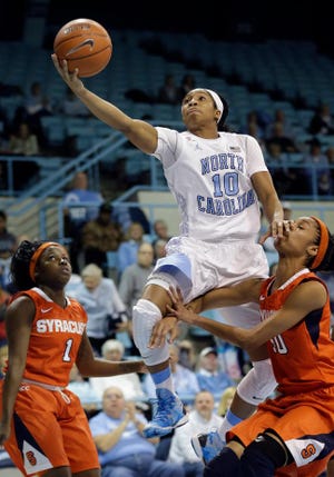 North Carolina's Danielle Butts (10) drives to the basket as Syracuse's Alexis Peterson (1) and Briana Day, right, defend during the first half in Chapel Hill, on Thursday. Syracuse won 78-73.