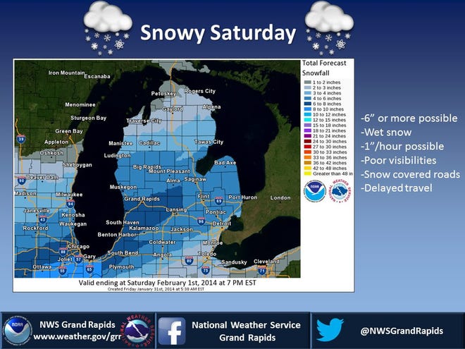 Forecast snow amounts for Saturday. Contributed/National Weather Service in Grand Rapids
