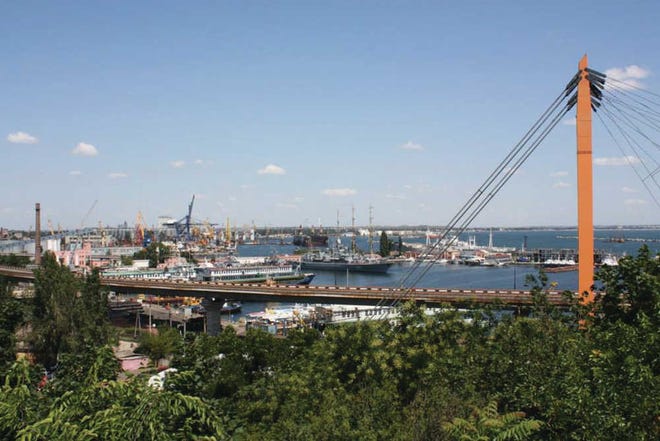 A suspension bridge spans the Ukrainian port of Odessa. The city's shipping-industry wealth has spawned many improvements over the years, but corruption and inefficiency still are problems nationwide.