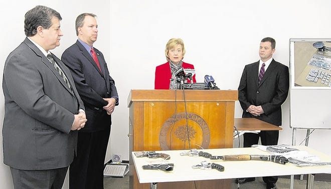 City of Newburgh Mayor Judy Kennedy, with Middletown Mayor Joseph DeStefano, far left, county District Attorney David Hoovler, and Port Jervis Mayor Kelly Decker, right, speaks about countywide efforts to get drugs and illegal weapons off the streets at Friday’s news conference.