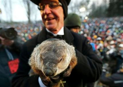 FILE - In a Saturday, Feb. 2, 2013 file photo, Groundhog Club co-handler Ron Ploucha holds the weather predicting groundhog, Punxsutawney Phil, after the club said Phil did not see his shadow and there will be an early spring, on Groundhog Day, in Punxsutawney, Pa. Groundhog Day coincides with the Super Bowl for the first time on Sunday, Feb. 2, , but Punxsutawney Phil’s people say they don’t expect the big game to steal his early morning spotlight. the Punxsutawney Groundhog Club expects about 20,000 revelers to gather around Gobbler’s Knob when western Pennsylvania’s world-famous rodent emerges from his lair just after dawn Sunday.