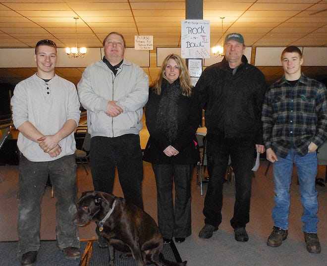Pictured are Herkimer County Hunger Coalition representatives and employees of R.D.’s Gorge View Lanes. From left is co-owner and lane technician Devin Dawley, coalition director Dave Petkovsek, coalition director Kira Andrilla, coalition director Greg Riddle and co-owner and lane technician Ryan Dawley. TELEGRAM PHOTO/STEPHANIE SORRELL-WHITE