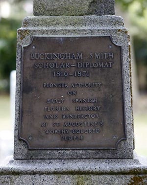 Thomas Buckingham Smith is buried in the Huguenot Cemetery, near this monument containing a plaque of his achievements.