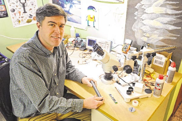Nick Lowell of Lowell Instruments in North Falmouth has worked with NOAA and WHOI scientists to develop a device that measures current and environmental factors and is attached to lobster traps.