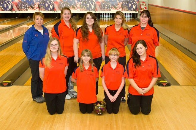 Finger Lakes East Champion Penn Yan Girls Bowling team includes (from left): Front: Katherine Petersen, Kari Ayers, Emilie Thomas, Cassidy World; Standing: Coach Mindy Johnson, Kelsey Sage, Shelby Goodell, Brooke Parsons, Courtney Ottaviano.