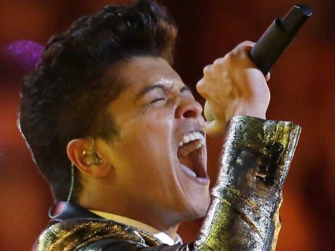 Bruno Mars performs during the halftime show of the NFL Super Bowl XLVIII football game Sunday, Feb. 2, 2014, in East Rutherford, N.J.