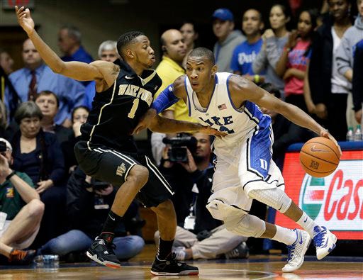 Duke's Rasheed Sulaimon is guarded by Wake Forest's Madison Jones (1) during the second half of an NCAA college basketball game in Durham, on Tuesday. Duke won 83-63.