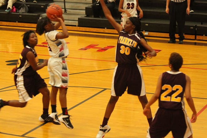 DHS freshman Jalencea Ben pulls up for a jump shot in the team’s win against Franklin last week.