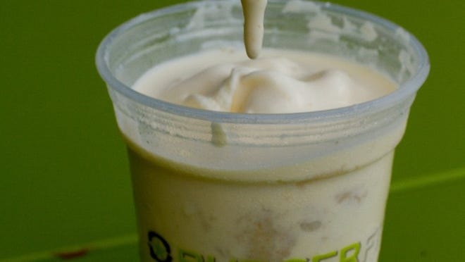 BurgerFi sells super-thick frozen “concretes,” shakes you must eat with a spoon. Shown here: the Key Lime Concrete at the BurgerFi location in Delray Beach. (Photo by Libby Volgyes/Special to the Palm Beach Post)
