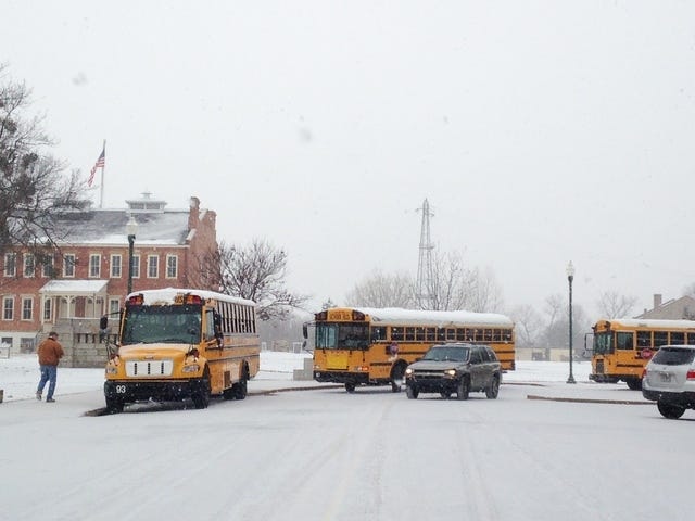 Rachel Rodemann • Times Record / Fort Smith Public Schools buses wait to pick up Fairview Elementary and Belle Point students who took a field trip Thursday, Feb. 6, 2014, to the Fort Smith Museum of History.