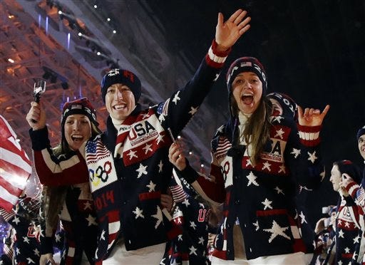 The United States team arrives during the opening ceremony of the 2014 Winter Olympics in Sochi, Russia, Friday, Feb. 7, 2014. (AP Photo/Patrick Semansky)