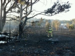 A Lake County firefighter walks over charred ground after a brush fire threatened several homes near Groveland last week.