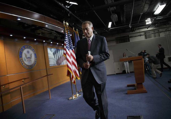 House Speaker John Boehner of Ohio leaves a news conference on Capitol Hill in Washington, Thursday, Feb. 6, 2014. Boehner said Thursday it will be difficult to pass immigration legislation this year, dimming prospects for one of President Barack Obama's top domestic priorities. (AP Photo/J. Scott Applewhite)