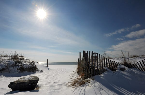 SOUTH YARMOUTH -- 020614 -- Frozen snow covers Bass River Beach on Thursday morning.