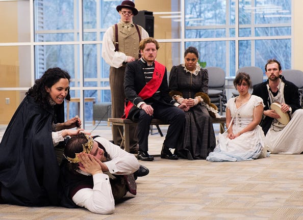 Actors from the North Carolina Shakespeare Festival's 'Shakespeare to Go' perform Hamlet for students in the Rittling Conference Center at Davidson County Community College last week. The troupe is also making appearances at different Davidson County schools this week.