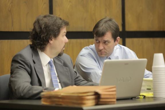 William Earl Huffstetler, right, talks with his defense lawyer, Doug Hall, before jury selection Monday afternoon at the Cleveland County Courthouse in Shelby. Huffstetler is one of three men charged in February 2012 in the 1995 death of Charleen Simons in Kings Mountain.
