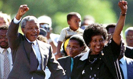 In 1990, South African black activist Nelson Mandela was freed after 27 years in captivity.
