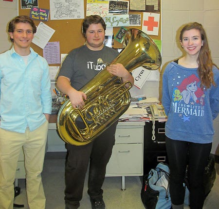 Jazz Choir singer Owen Thomas, euphonium player Derrick Hegeman and choral singer Elaine Weatherby will participate in the fifth annual WHS Cabaret on Thursday at the WHS Dining Hall.
Lisa Tetrault-Zhe Photo