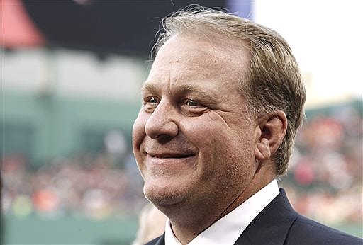 FILE - This Aug. 3, 2012 file photo shows former Boston Red Sox pitcher Curt Schilling after being introduced as a new member of the Boston Red Sox Hall of Fame at Fenway Park in Boston. Schilling announced Wednesday, Feb. 5, 2014 that he is battling cancer. (AP Photo/Winslow Townson, file)