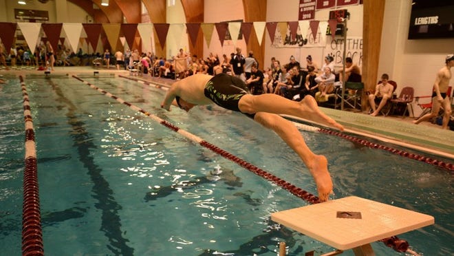 Bastrop’s Dillon Blackwell dives into the pool during the 2014 Region III Swimming and Diving Championships at the Magnolia ISD Natatorium. Photo contributed by Lynn Blackwell