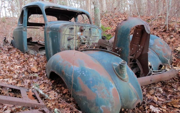 Among the sights in the Punkhorn area of Brewster is this old car wreck.