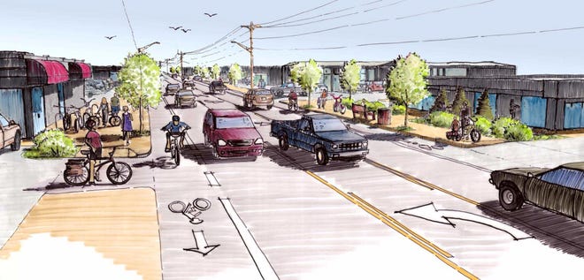 An artist’s rendering shows one of the Willamette Street alternative designs that could be striped temporarily for a trial run. (City of Eugene)