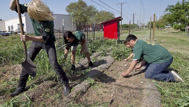 Seventeen year-old Forest Volklind, left, along with Samantha Pulido, 19, crew leader Rachel Hokanson, 23, and Robert Arcaraz, 18, in a vegetable garden at American Youthworks charter school on Ben White Blvd. in 2011.