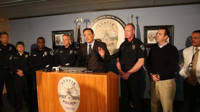 Austin Police Chief Art Acevedo speaks at a news conference Wednesday that addressed a Jan. 26 fight between two groups of men that occurred downtown. Acevedo announced that five of the six suspects have been positively identified, and that the department has a “solid lead” on the identity of the sixth suspect.
