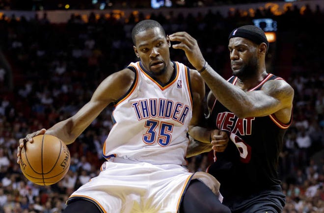 Miami's LeBron James (right) and Oklahoma City's Kevin Durant are the top candidates for NBA MVP. James has won four of the past five, but Durant could unseat him.