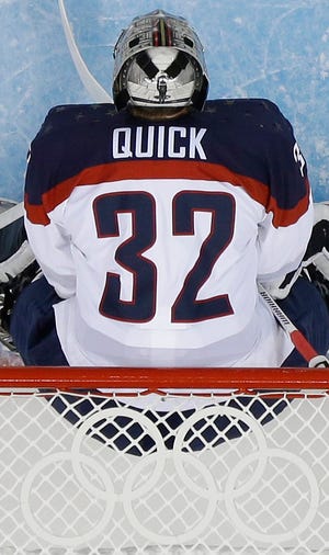 USA goaltender Jonathan Quick stands in the net during the second period ofThursday's win over Slovakia. He gets the start once again against Russia on Saturday.