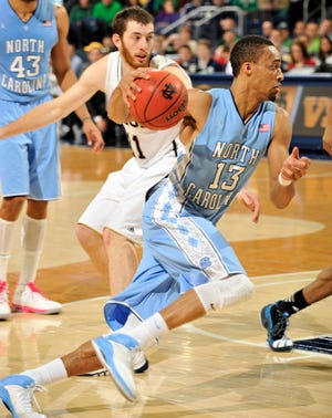 North Carolina's J.P. Tokoto drives against Notre Dame during last weekend's game.