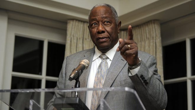 Baseball Hall of Famer Hank Aaron speaks at a reception in his honor on Feb. 7. Aaron, who turned turned 80, was being celebrated with a series of events in Washington. (AP Photo/Nick Wass)