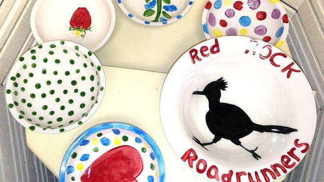 Bowls painted by students from Red Rock and Cedar Creek elementary schools for the Bastrop County Emergency Food Pantry s 10th annual Empty Bowl Project on Feb. 22 at Bastrop High School.