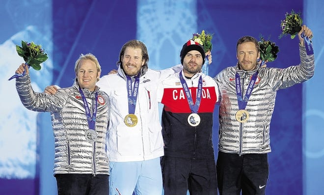 Men's super-G medalists, from left: Andrew Weibrecht, Kjetil Jansrud, Jan Hudec and Bode Miller.