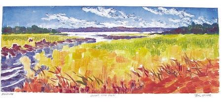 Courtesy photo
For the month of February, Just Us Chickens will showcase the monotypes of Exeter, New Hampshire artists, Barbara Cowen and Bill Childs. Cowen is known for her watercolor paintings and regional landscapes and seascapes. Childs explores landscapes of the New Hampshire seacoast, its fields, marshes and towns in all four seasons. The Two Printmakers Show will be on display at Just Us Chickens throughout the month of February.Just Us Chickens is open Tuesday-Saturday from 10-5.. It is located at 16A Shapleigh Rd. (Rt. 236)
Kittery, ME 03904
207-439-4209
www.justuschickens.net. Shown is Childs' "Great Bay View."