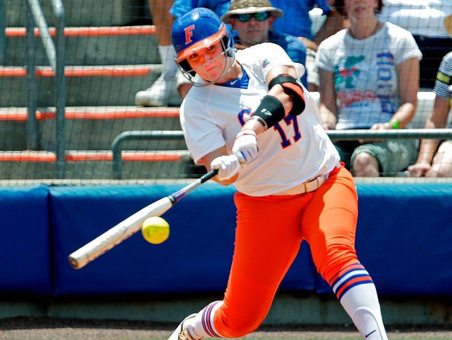 Florida's Lauren Haeger hits a double during the Gators' 11-1 win over South Florida in the NCAA regionals on May 18, 2013 at Pressly Stadium.
