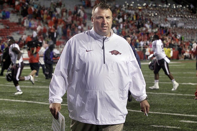 THE ASSOCIATED PRESS / Arkansas coach Bret Bielema walks from the field after an NCAA college football game in Fayetteville, Ark., Saturday, Sept. 28, 2013. Texas A&M defeated Arkansas 45-33. (AP Photo/Danny Johnston)
