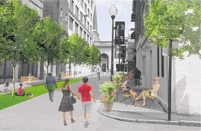This rendering of King Street in Middletown, redeveloped as a pedestrian walkway, shows the view looking northwest from North Street to the James Street parking lots and City Hall.