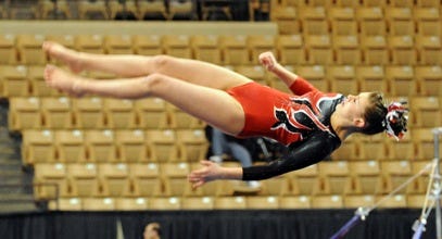 Tali Twomey of Barnstable, pictured here from the State gynmastics finals last year, won the South Sectional All-Around on Saturday and helped lead Barnstable back to the State finals next week.