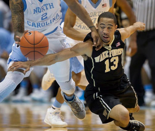 Wake Forest guard Coron Williams reaches for the ball against North Carolina's Leslie McDonald during Saturday's game.