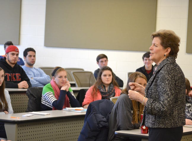 Sen. Jeanne Shaheen, D-N.H., visited a University of New Hampshire Introduction to American Government class on Monday to discuss college affordability and student loan proposals with the students.