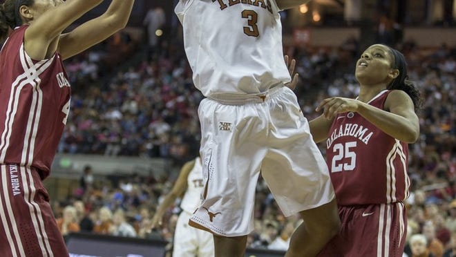 Texas post Nneka Enemkpali, shooting against Oklahoma on Jan. 8, 2014, leads the Big 12 Conference in rebounding, with an average of 8.9 boards per game. The Longhorns play host to TCU on Tuesday night.