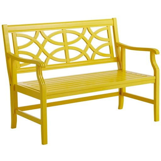 This photo provided by Pier 1 Imports shows a bench in a playful hue that can work well with more conservative, neutral outdoor furniture. It adds a pop of color; pick it up in small accessories like lanterns or cushion elsewhere in the space. (AP Photo/Pier 1 Imports)